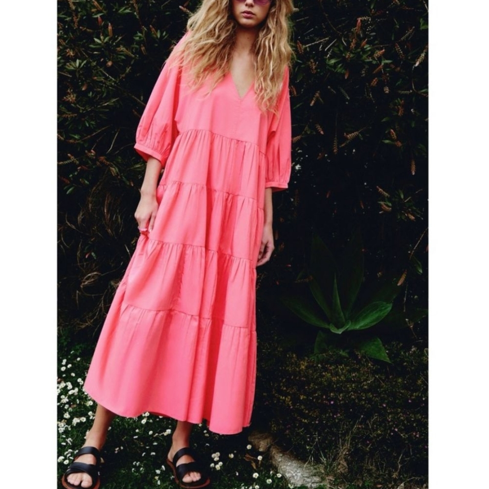 Zara Tiered Poplin Dress Neon Pink